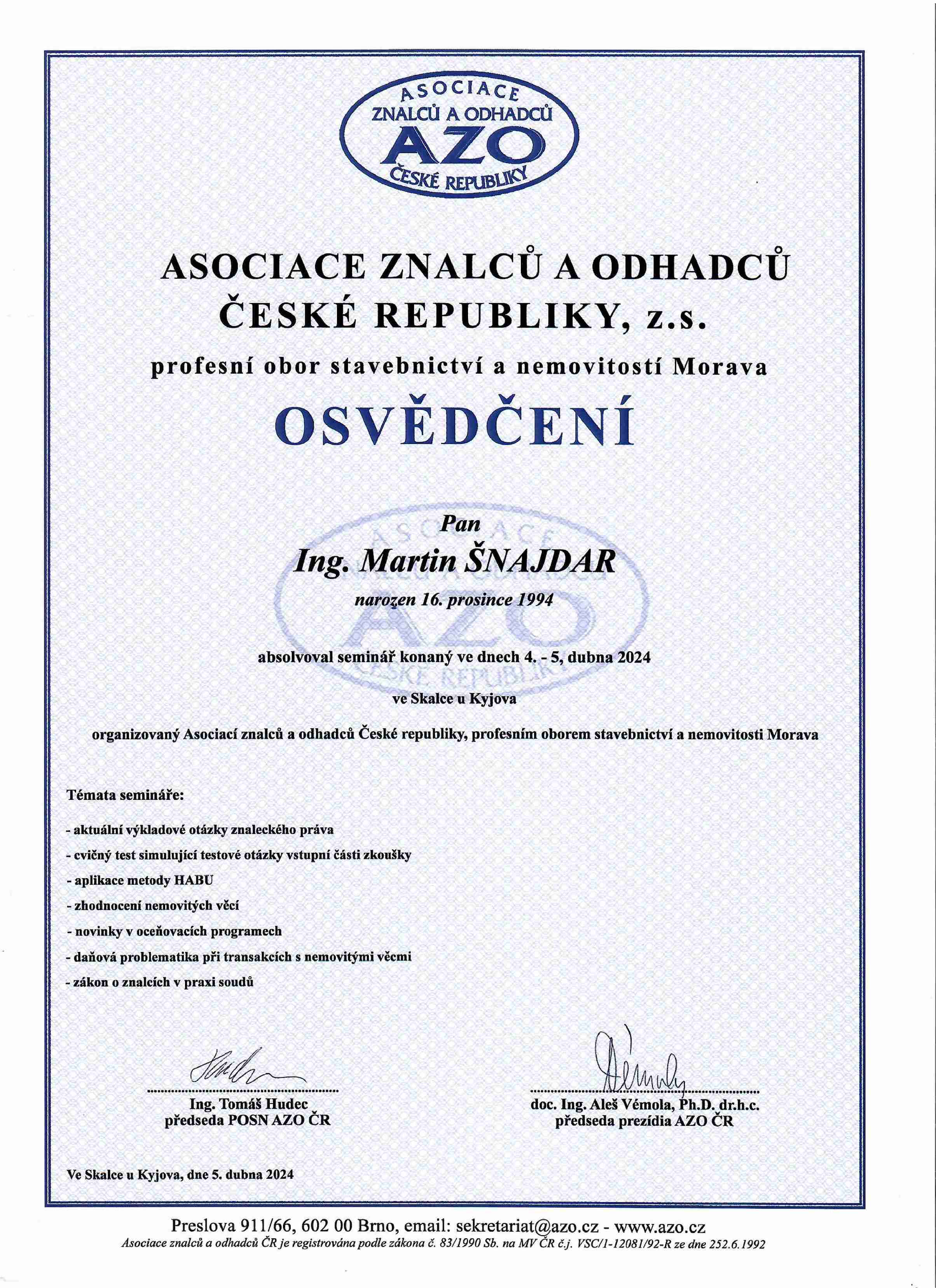 Certifikát Asociace znalců nemovitostí - Martin Šnajdar