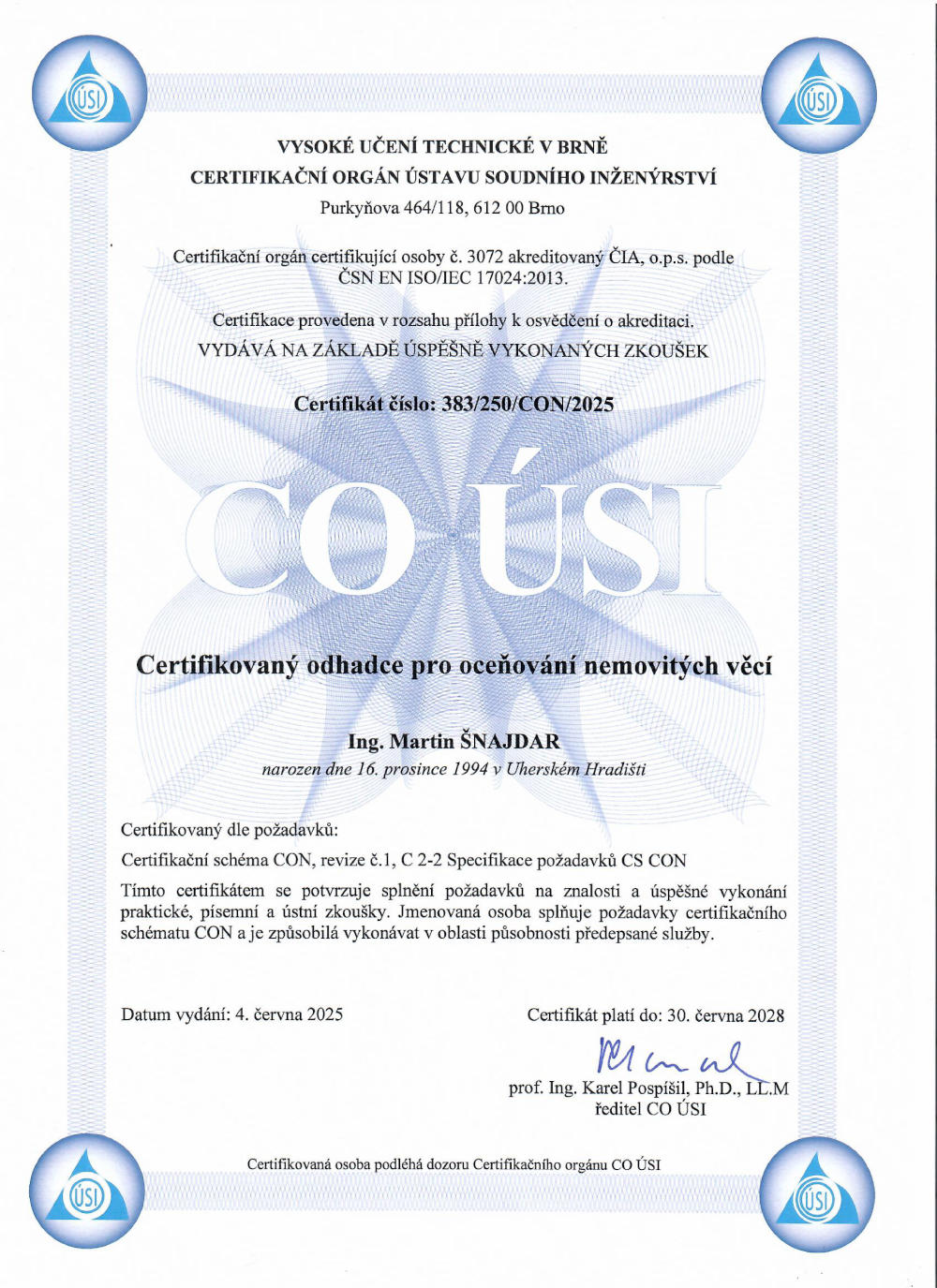 Certifikát odhadce nemovitostí - Martin Šnajdar
