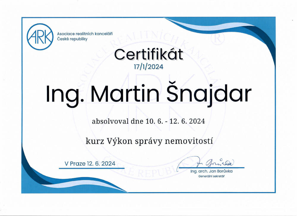 Certifikát Správy nemovitostí - Martin Šnajdar
