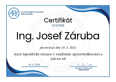 Certifikát Realitního zprostředkovatele - Josef Záruba